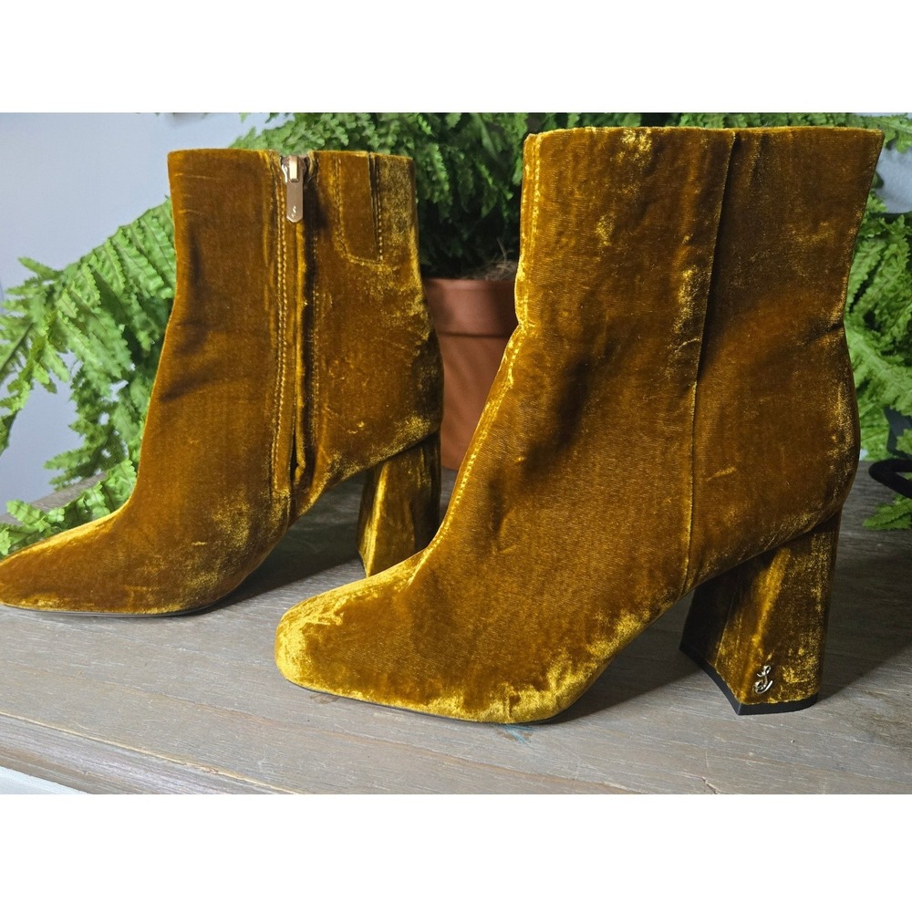 Sam Edelman Velvet Ankle Boots Size 6 Mustard Gold Block Heel Booties